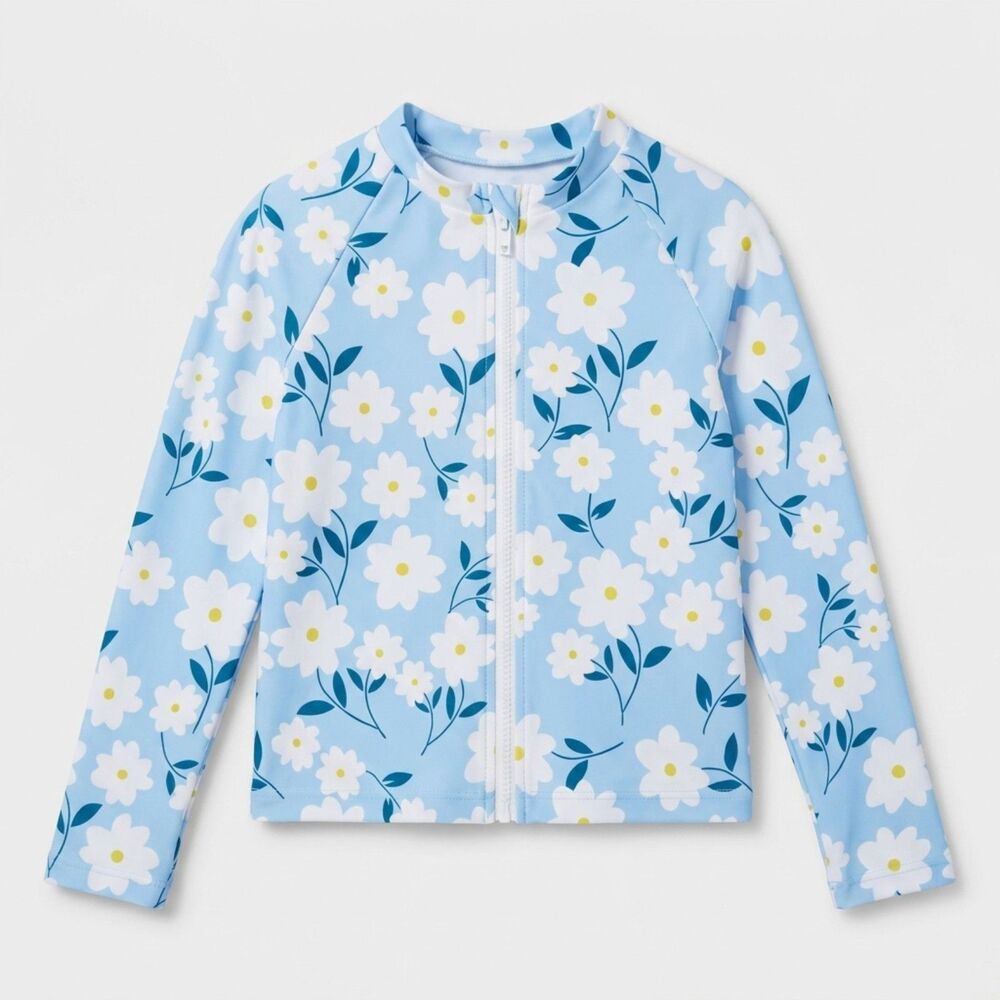Girls Blue Daisy Long Sleeve Rash Guard Swim Top Size 6